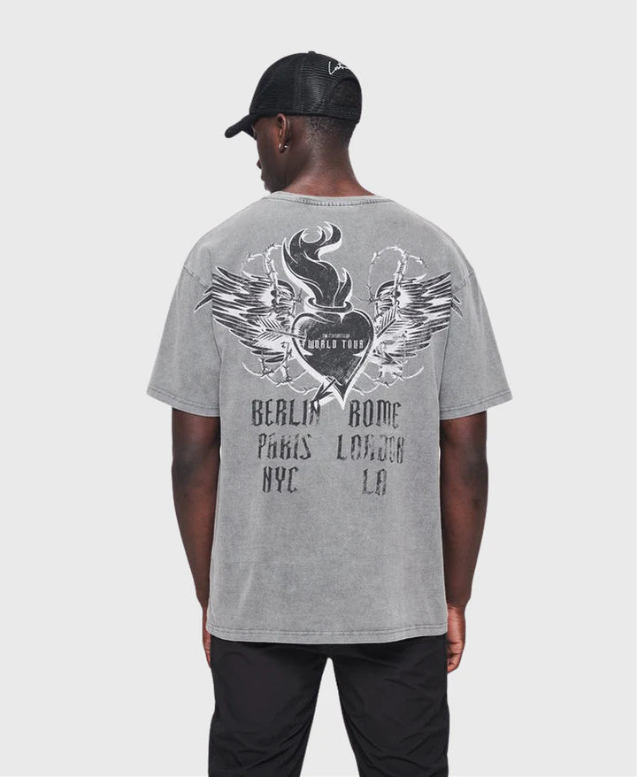 The Couture Club   Flaming Heart World Tour Graphic T-Shirt - ACIDWASH