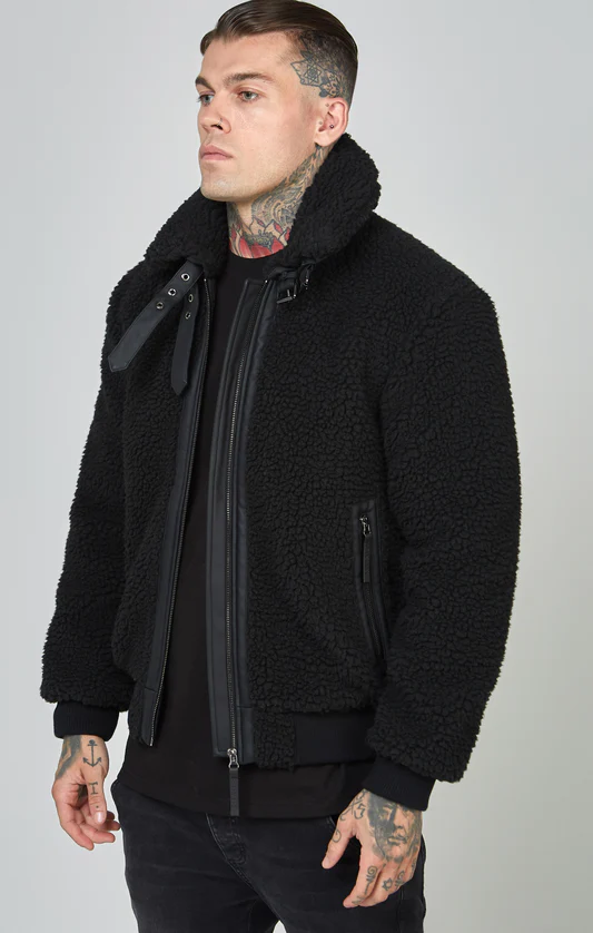 SikSilk Black Faux Fur Bomber Jacket