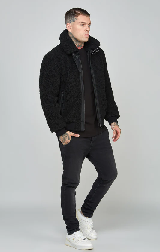 SikSilk Black Faux Fur Bomber Jacket