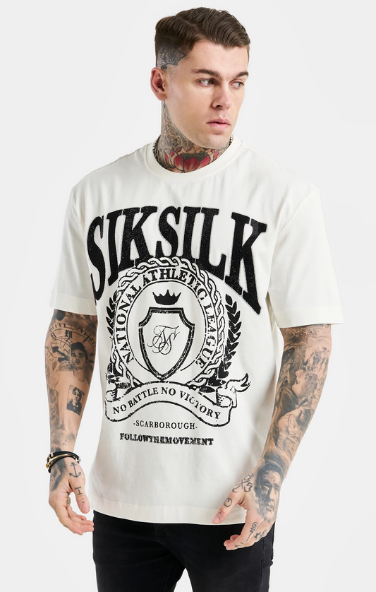 SikSilk Oversized Rhinestone Varsity T-Shirt - Ecru & Black SS-23522