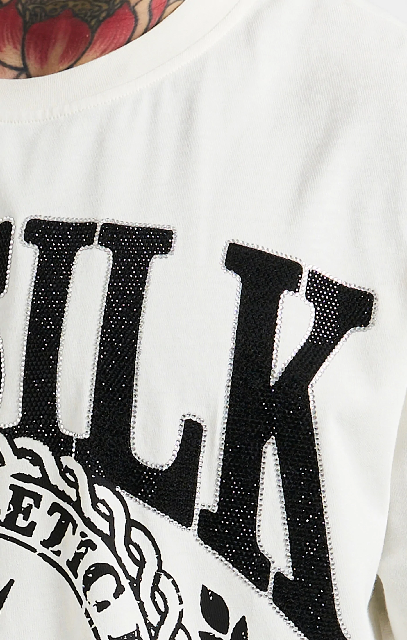 SikSilk Oversized Rhinestone Varsity T-Shirt - Ecru & Black SS-23522