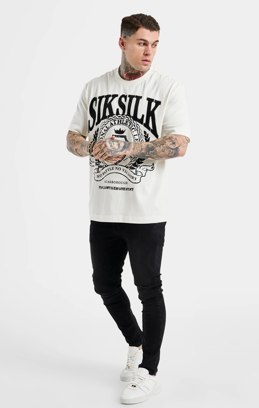 SikSilk Oversized Rhinestone Varsity T-Shirt - Ecru & Black SS-23522