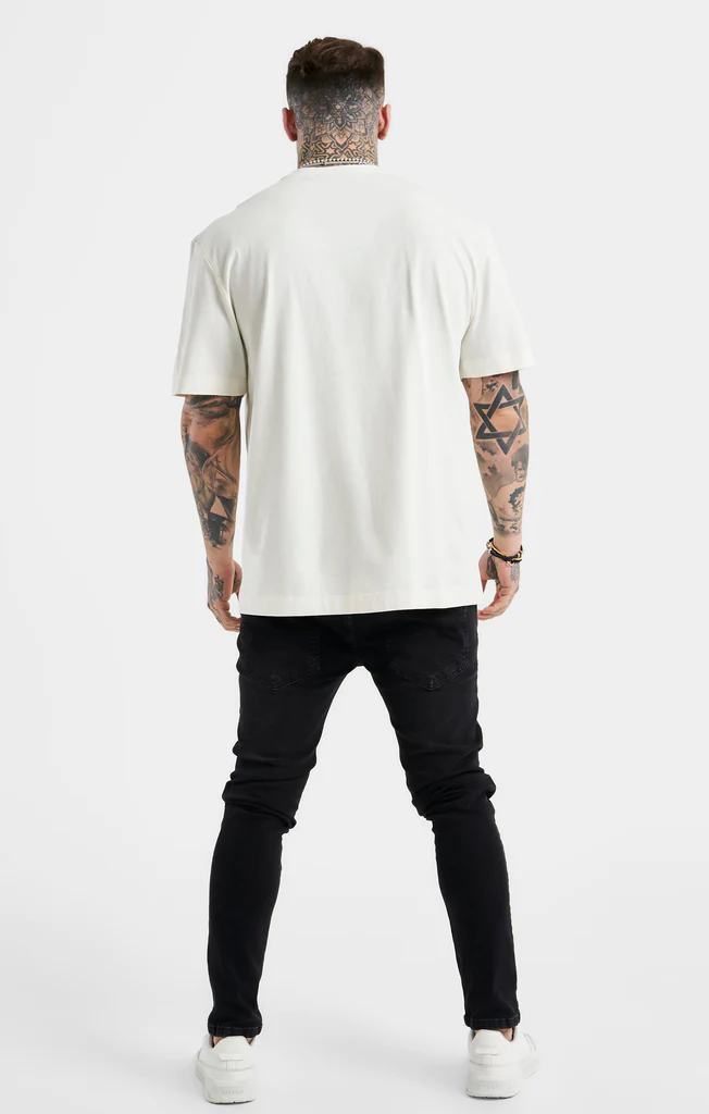 SikSilk Oversized Rhinestone Varsity T-Shirt - Ecru & Black SS-23522