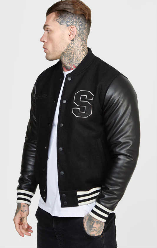 SikSilk Black Varsity Bomber Jacket SS-24046