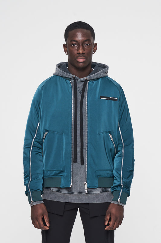 The Couture Club Essentials Satin Zipped Ruched Bomber Jacket - Blue TCCMAW22-124