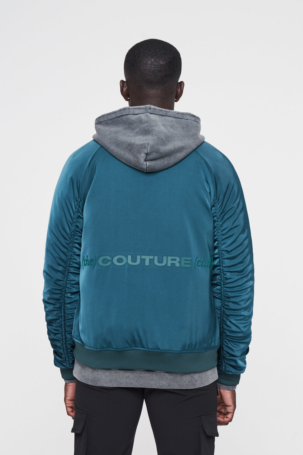 The Couture Club Essentials Satin Zipped Ruched Bomber Jacket - Blue TCCMAW22-124