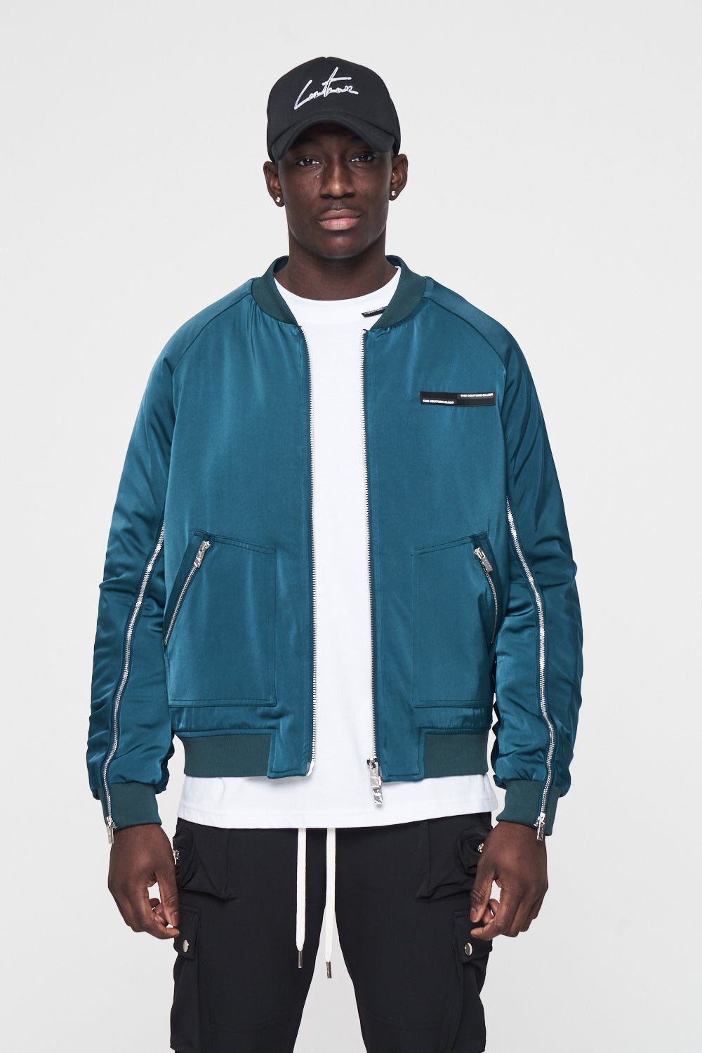 The Couture Club Essentials Satin Zipped Ruched Bomber Jacket - Blue TCCMAW22-124