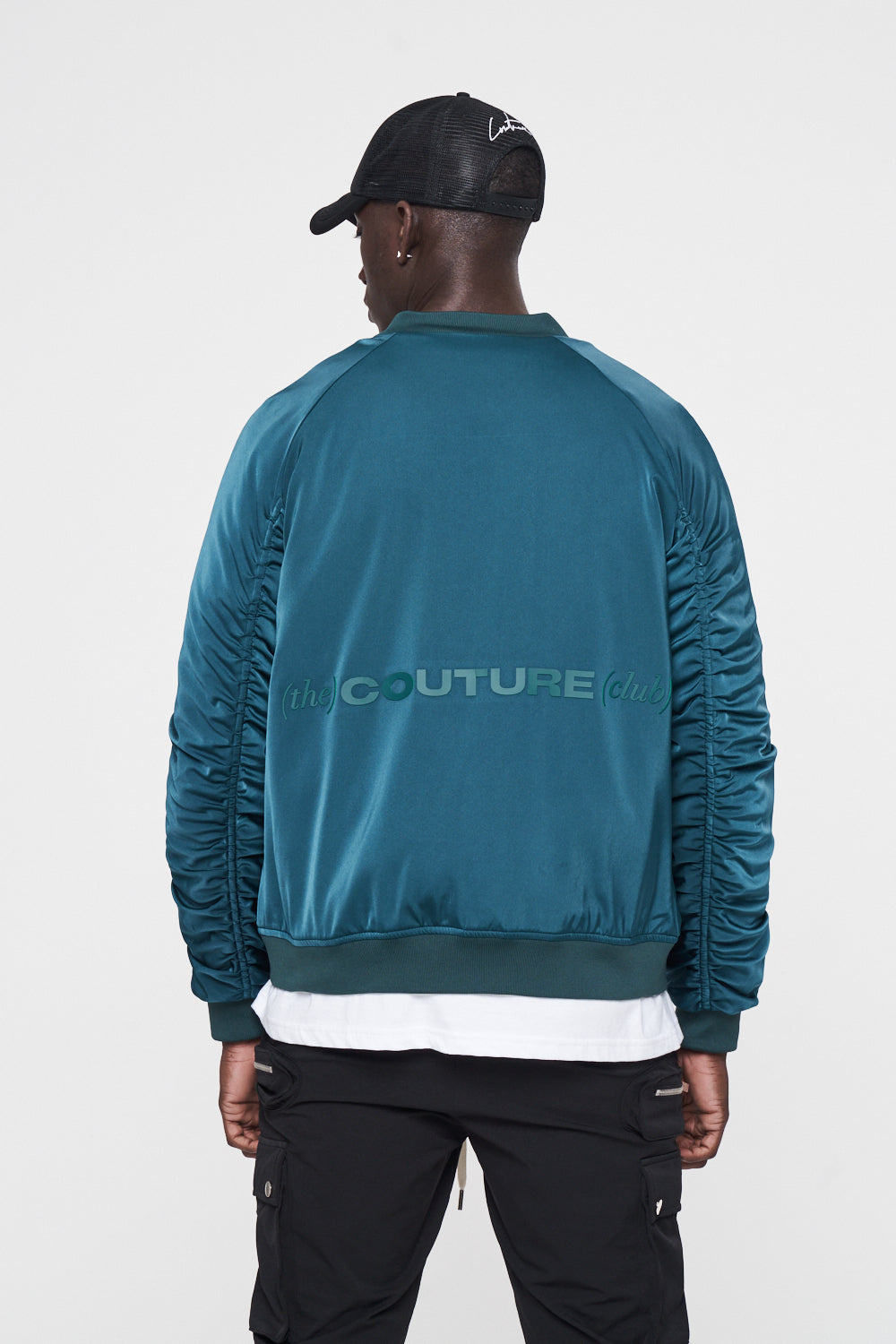 The Couture Club Essentials Satin Zipped Ruched Bomber Jacket - Blue TCCMAW22-124